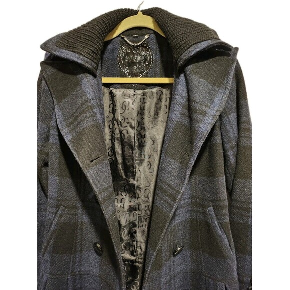 Guess Double-Breasted Skirted Navy & Black Plaid Wool Blend Pea Coat Size Small - Picture 8 of 10